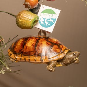 May include: A decorative turtle ornament with a brown and orange shell and a detailed head and legs. A tag with a frog illustration hangs above the turtle. The ornament is part of a nature-themed collection.