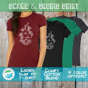 Ladies Snake and Orchid T Shirt Comfy Cotton Blend Reptile image 2