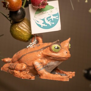 May include: An orange frog ornament with green eyes and dark stripes. A small tag with a frog illustration hangs above the ornament. The frog is part of a holiday decoration with other natural elements.