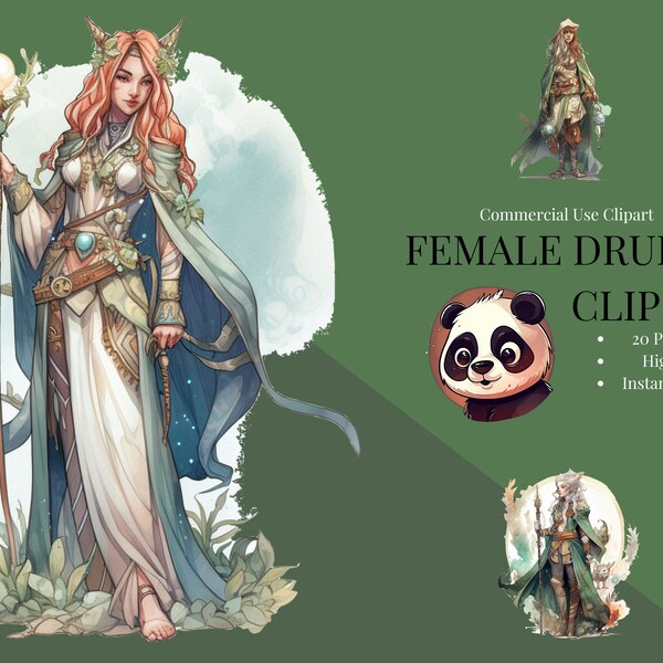 Roep de kracht van de natuur op met onze Female Druid Clip Art! Perfect voor D&D- en fantasy-enthousiastelingen, rollenspel, 20 PNG-afbeeldingen, commercieel