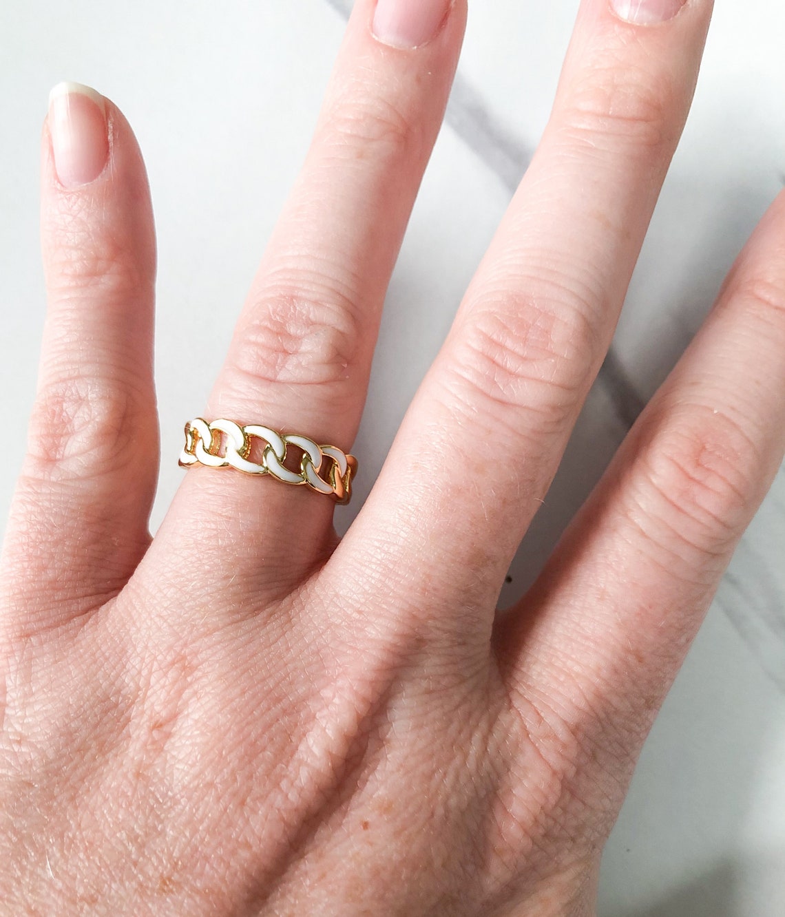 Gold Plated Chain Link Ring//White Accent//Adjustable Ring Etsy