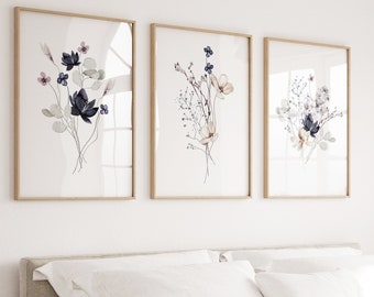 Watercolor blue wildflowers print, Navy Watercolour Flowers Set Of 3 Prints, Botanical Print Set, Blue Floral Printable Art, Navy botanical