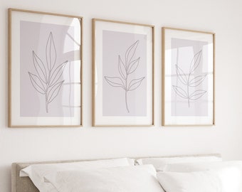 Lavender Wall Prints Set of 3,  Purple Botanical Line Art Wall Print, Lavender Botanical Wall Art, Set of 3 Prints, Purple flower print set