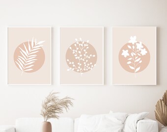 Pink Botanical Print Set of 3, Beige Botanical Art Prints, Set Of Three Wall Art Pink, Pink and Beige Botanical Line Art, Digital Download