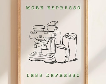 Vintage Coffee Wall Art Print, More Espresso Less Depresso Quote Poster, Funny Kitchen Café Barista Decor,  Coffee Lover Gift, Large Poster