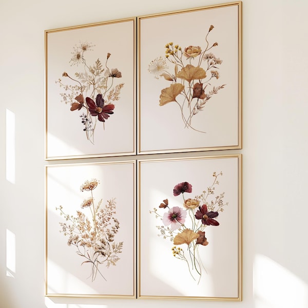 Juego de 4 impresiones de flores de acuarela, juego de 4 flores silvestres, juego de 4 impresiones botánicas de acuarela, arte floral imprimible para decoración de dormitorio