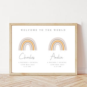 Impresión gemela personalizada, impresión neutral de género gemelo, impresión de detalles de nacimiento de recuerdo de gemelos, impresión de regalo mínima de gemelos. Impresión de Rainbow Nursery