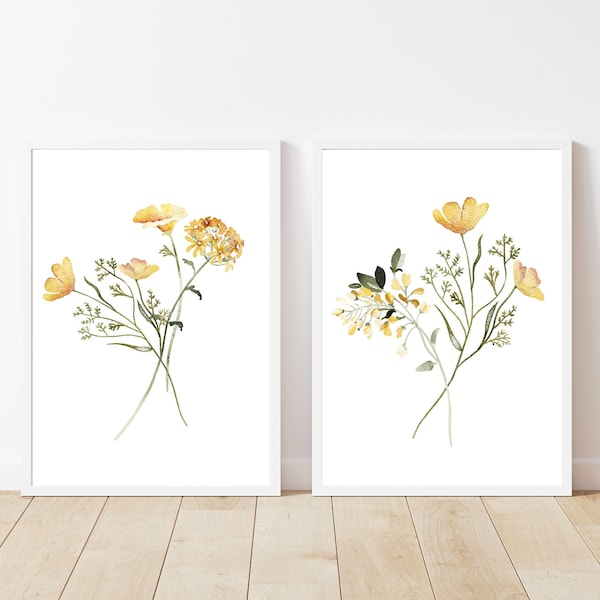 Yellow Watercolour wildflowers print Set of 2, Summer Watercolour Floral Print , Floral nursery decor, Botanical Print Set, Bed room print