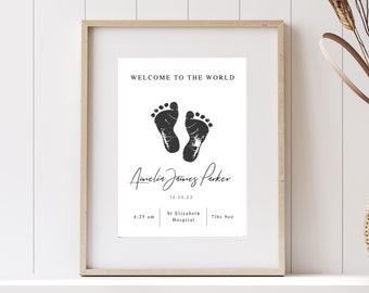 Pasgeboren baby gepersonaliseerde voetprint, Welkom ter wereld babyprint, gepersonaliseerde minimalistische babyvoetprint, babynaam en datumprint