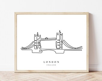 London Bridge Line Art, London Skyline Line Drawing Printable, Modern One Line Art, Landmark Poster Art, London City Skyscraper Poster