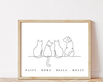 3 Cat 1 Dog Wall Decor, Cat and Dog Line Drawing Wall art, Personalised Gifts for Cat and Dog Mum, Pet Print, Gift for Cat Lover