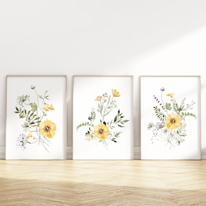 Ensemble de 3 oeuvres d'art aquarelle fleurs sauvages, oeuvres d'art florales aquarelles jaunes, oeuvres d'art fleurs sauvages, estampes de fleurs sauvages, oeuvre d'art murale de salon