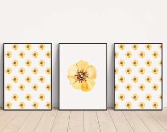 Watercolor paintnig Yellow flowers print, Yellow Flowers Nursery Decor, Watercolor flowers Nursery,Set of 3 Yellow Flower Market Prints