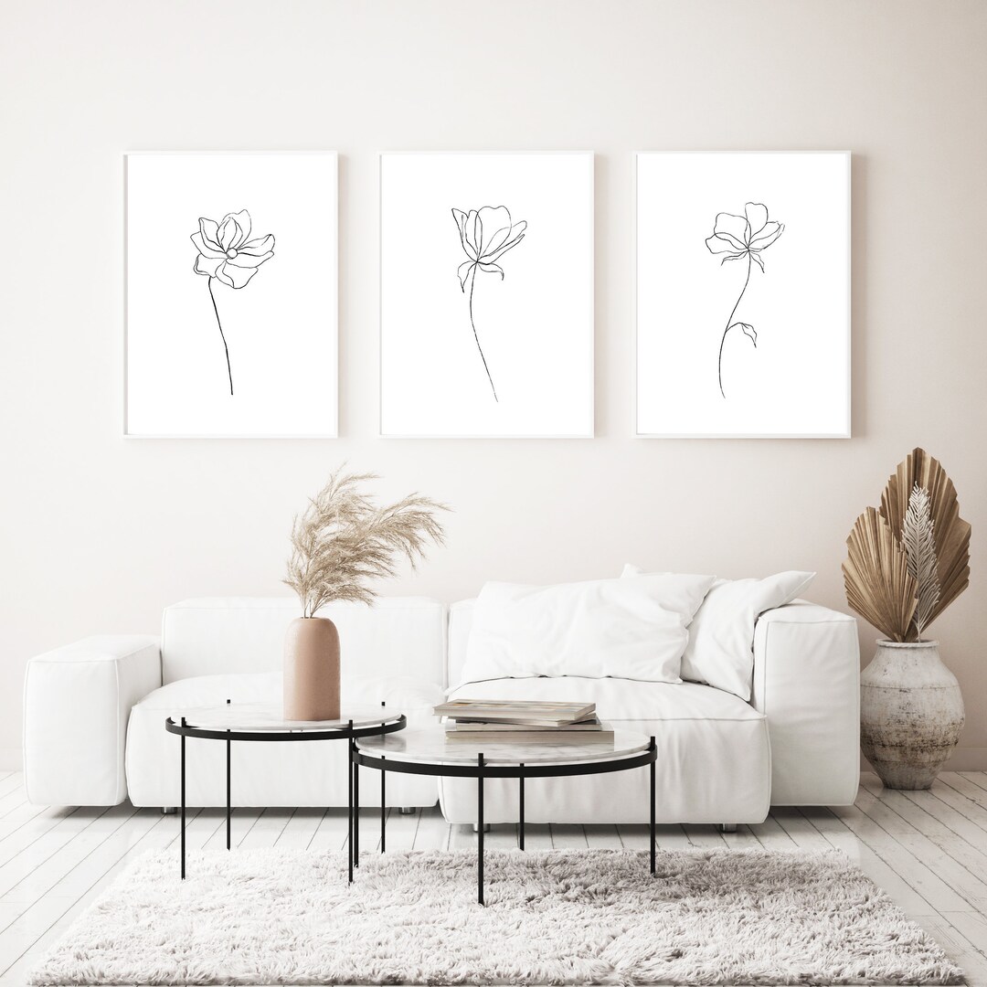 Line Art Flower Set of 3, Line Art Flowers Set , Set of 3 Minimal ...