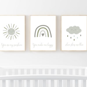 Set of 3 Sage Green Nursery Wall Art Prints, Boho Nursery Print, You Are My Sunshine Rainbow Poster, Green Sun Rain Rainbow Nursery Prints,