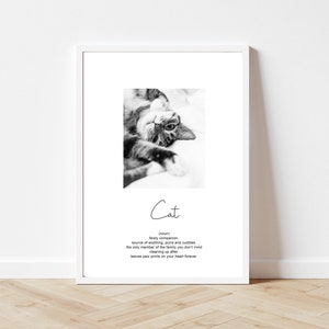 Peut inclure: Photographie en noir et blanc d'un chat allongé sur le dos, les pattes en l'air. La photo est encadrée et comporte une définition du mot "chat" sous l'image. La définition se lit comme suit : "(nom) compagnon fougueux. source de réconfort, de ronronnements et de câlins. le seul membre de la famille dont vous ne vous souciez pas de nettoyer après. laisse des empreintes de pattes sur votre cœur pour toujours."