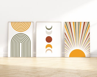 Minimalistiskt bohemiskt solnedgångstryck, set om 3, väggkonst i modern stil med mitten av århundradet, terrakotta bohemiskt tryck, abstrakt väggkonst med bränd orange sol