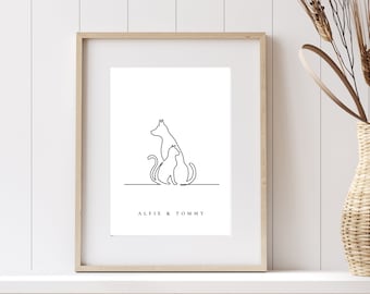 Cat and Dog line drawing wall art, Cat and Dog Owner Wall Decor,  Personalised Cat and Dog Gifts, Customised Pet Print, Gift for Per Lover