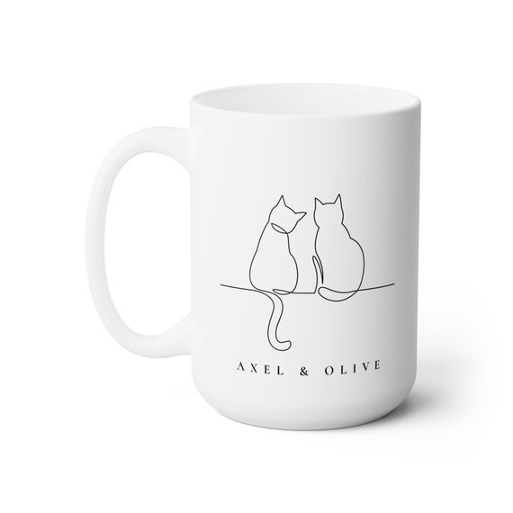 Cats Custom Cat Mug, Personalised Cat Mug with Name, Gift for Cat Lover, Large Ceramic Coffee Mug, Big Mug, Two Cats Line Art, Cat Gifts