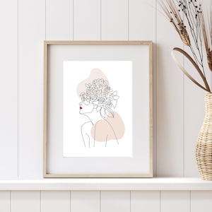 Impression murale De dame avec tête de fleurs, Femme au trait Rose et Pêche, Dessin minimaliste d’une ligne, Affiche féminine abstraite