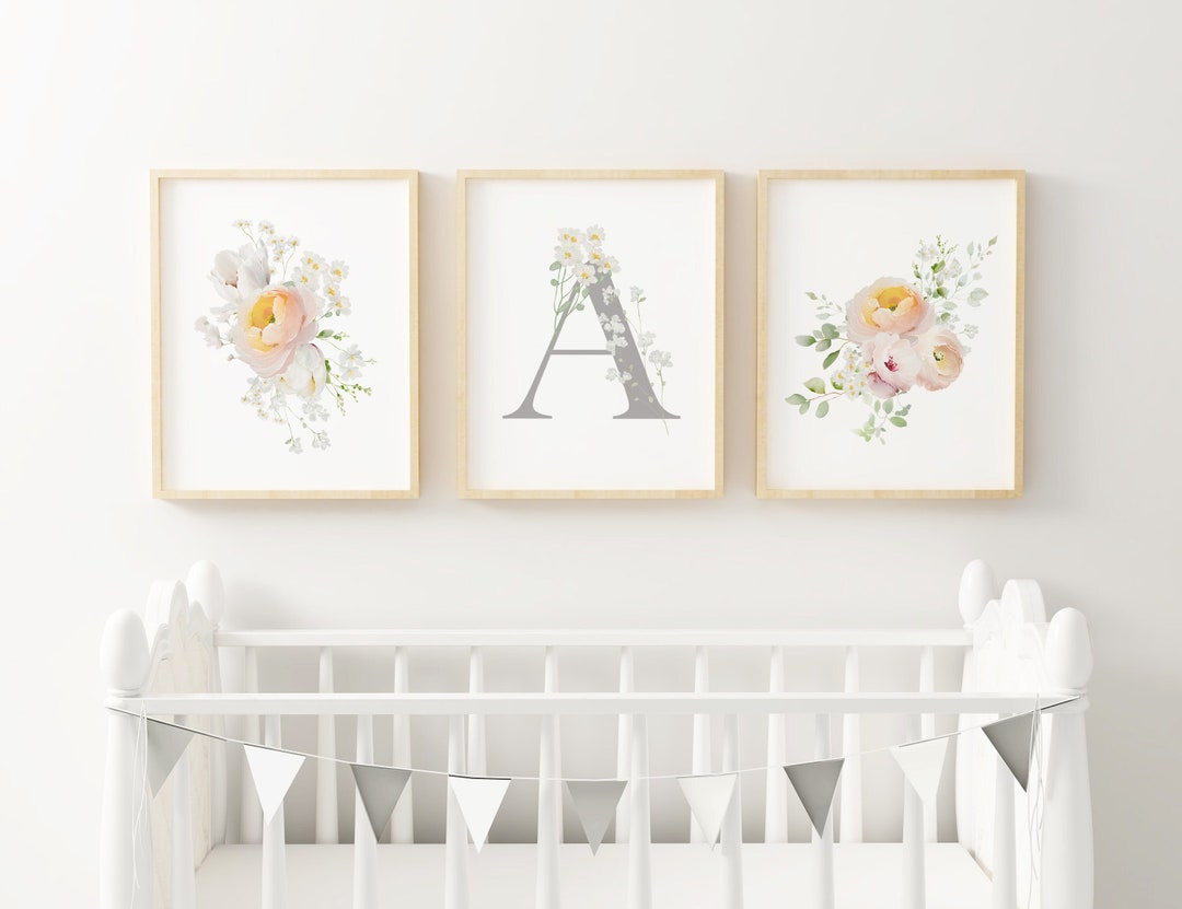 Floral Initial Name Watercolor Prints, Girl Floral Nursery Wall Art Set ...