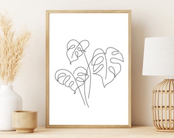Monstera leaves line art, Line Print Botanical, Monstera Leaf Print, Tropical Print, Simple leaf print,  Palm Plant, Printable wall art