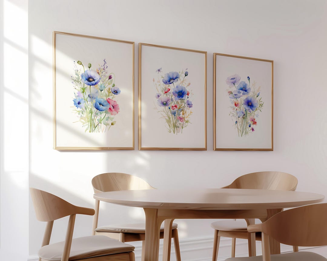Set of 3 Blue Botanical Watercolor Wall Art Prints - Floral Nature Home ...