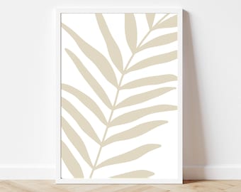 Neutrale palmbladprints, tropische plantenprint, minimale kunst aan de muur, neutrale toon palmblad aan de muur, beige wanddecoratie, abstracte bladprint