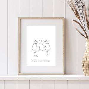 Op de afbeelding: Een zwart-witte lijntekening van drie katten die in een rij zitten. De katten kijken weg van de kijker. De namen "Amber, Bella, Molly" staan onder de katten.