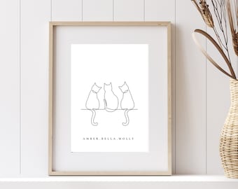 Decorazione da parete con 3 gatti, disegno a tratteggio di 3 gatti, regali personalizzati per gatti, stampa a tratteggio di gatti, stampa di animali domestici, regalo per amanti dei gatti, DOWNLOAD DIGITALE