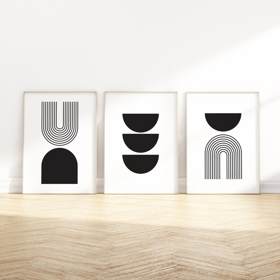 Mid Century Modern Wall Art Print Set of 3, Black and White Abstract ...