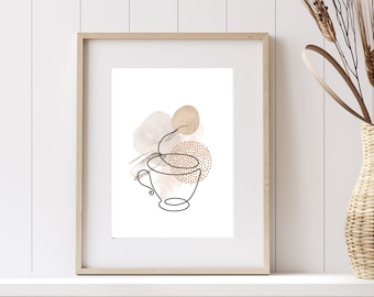 Abstracte koffielijn art print, koffie schilderij minimal, koffie kopje een lijn tekening, minimalistische thee lijn kunst, keuken muur decor koffie