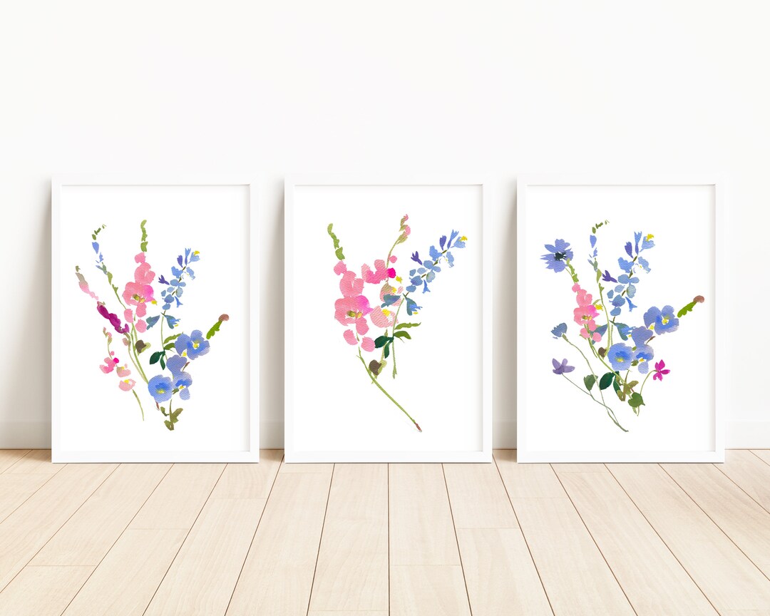 Watercolour Wildflower Art Set of 3, Bright Floral Prints, Pink and ...