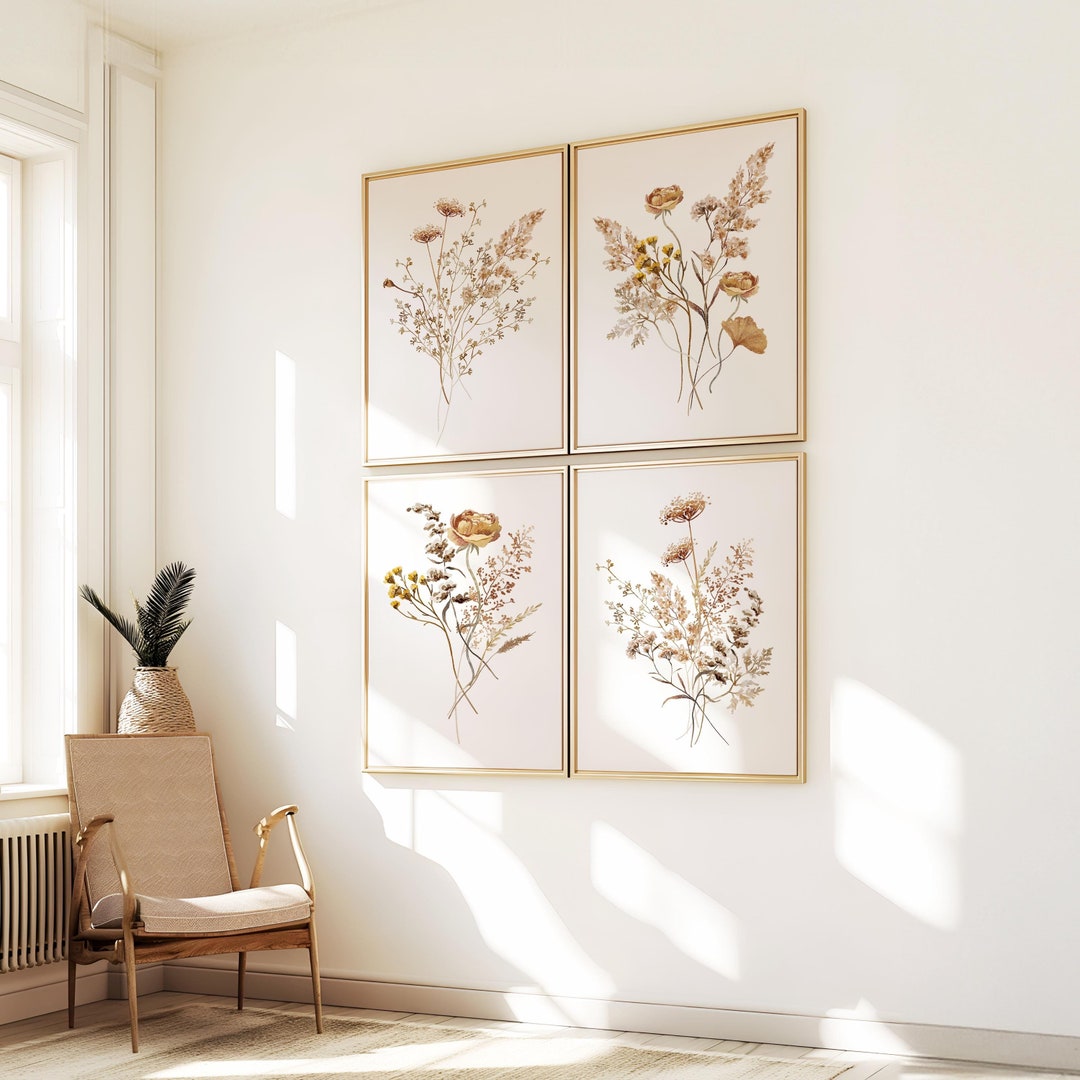 Neutral Wildflower Wall Art Set of 4 – Boho Floral Prints, Minimalist ...