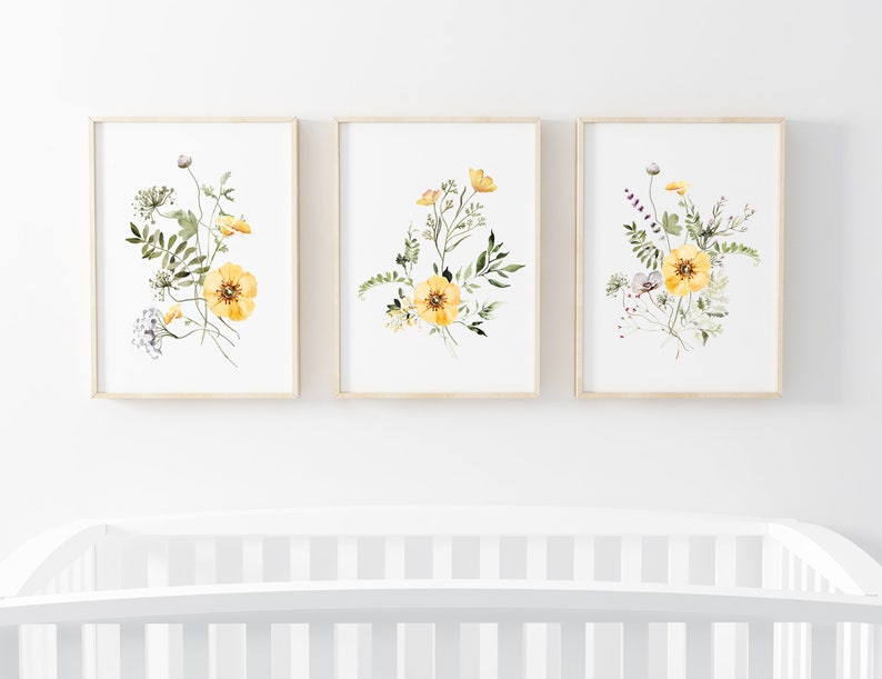 Watercolour Wildflower Art Set of 3, Yellow Watercolour Floral ...