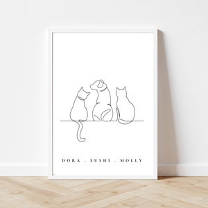 2 Cat 1 Dog Wall Decor, Cat and Dog Line Drawing Wall art, Personalised Gifts for Cat and Dog Mum, Pet Print, Gift for Cat Lover