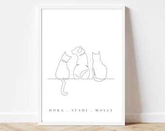 Decorazione murale 2 Cat 1 Dog, disegno di linea di gatti e cani, regali personalizzati per mamme di gatti e cani, stampa di animali domestici, regalo per amanti dei gatti