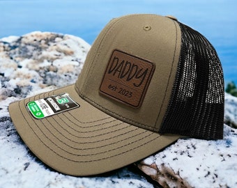 Custom snapback hat, New Dad established, Leatherette patch, Laser engraved, Father's Day trucker hat