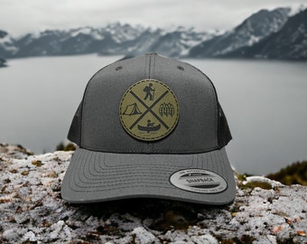 Custom snapback hat, Outdoors, Hiking, Laser engraved, Camping Trucker Hat, Yupoong Classics