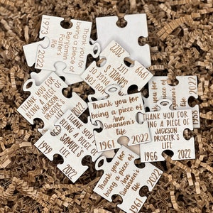 Personalized puzzle piece celebration of life keepsake, memorial service event favor