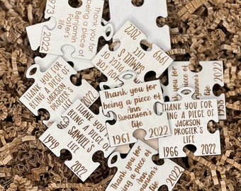 Personalized puzzle piece celebration of life keepsake, memorial service event favor