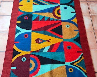 Authentic Zapotec Area Rug ( Fishes ) * Union Of Souls* 100% Merino Wool and Natural Dyes. 52"in W x 79"in L.