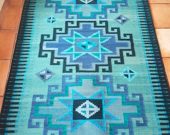 Authentischer Zapoteken-Teppich (Flor Zapoteca), altes traditionelles Muster *Zapotec-Diamanten* 52"in B x 79"in L.