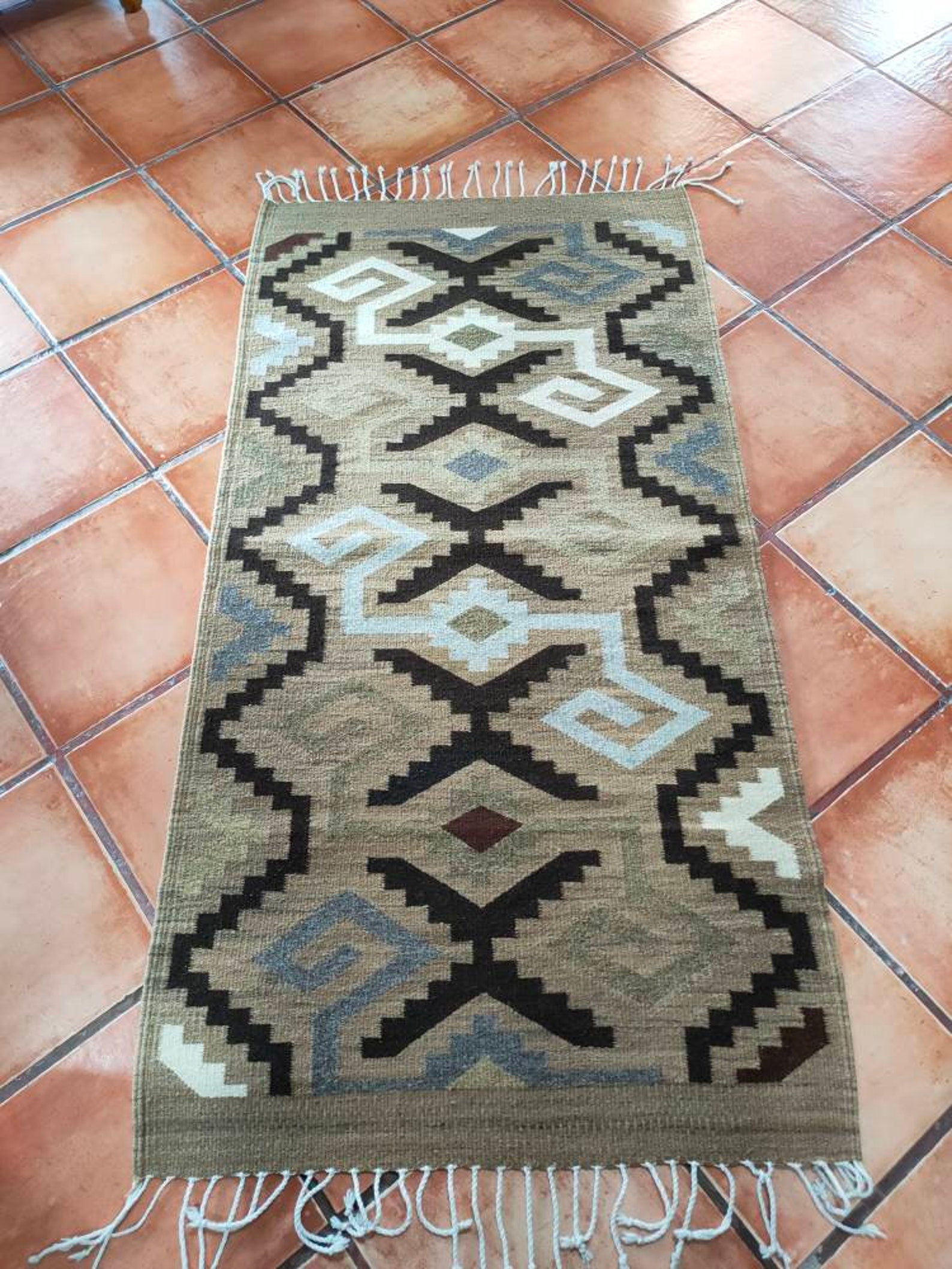 Zapotec Rug old Traditional Pattern grecas De Mitla 100wool. Neutral