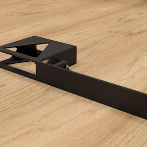 May include: Black metal rack with a rectangular base and a triangular shelf. The rack is designed to hold a device or other object.