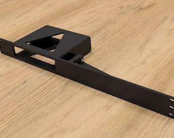 May include: Black metal bracket with a rectangular opening and a triangular cutout. The bracket has a long, flat arm extending from the side.