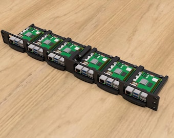 May include: A black metal rack with six green circuit boards mounted on it. The boards have multiple ports and connectors.