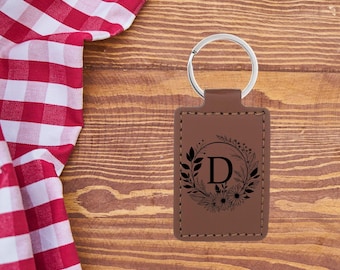 Heart Letter Monogram Keychain, PU Leather Key Ring, Initial Keychain