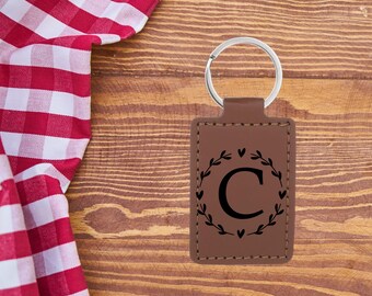 Heart Letter Monogram Keychain, PU Leather Key Ring, Initial Keychain
