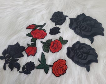 Embroidered Rose Iron-On Patch: Black or Red Floral Appliqué